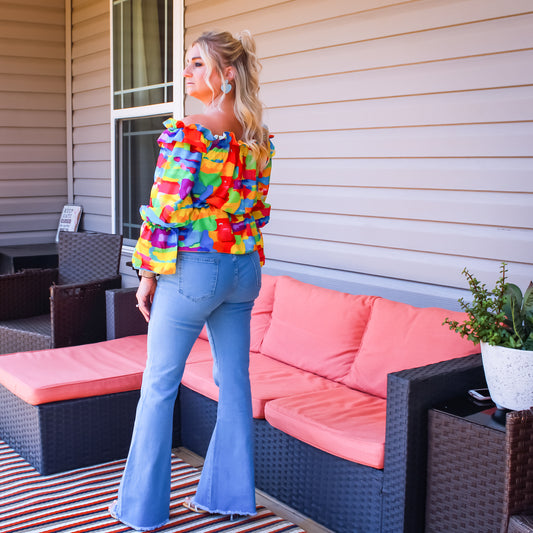 Off Shoulder Multi Color Puff Half Sleeve Top