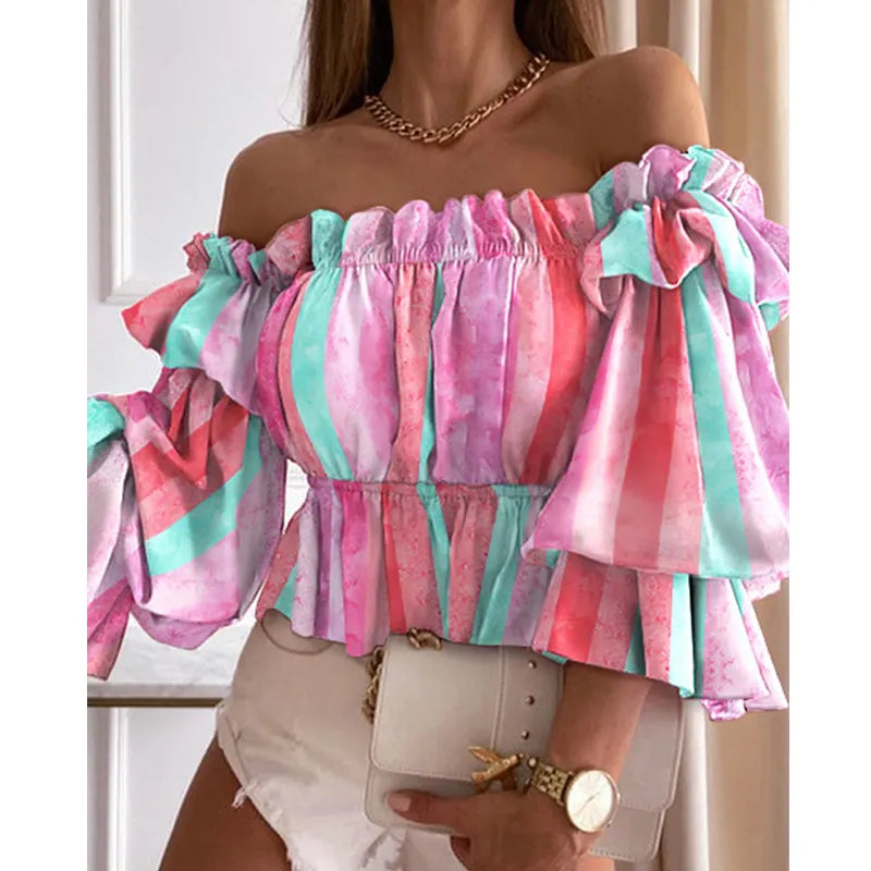 Off Shoulder Striped Puff Half Sleeve Top