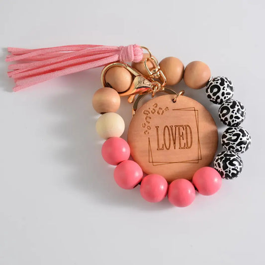 Engraved Loved wood Beaded Bracelet Keychain