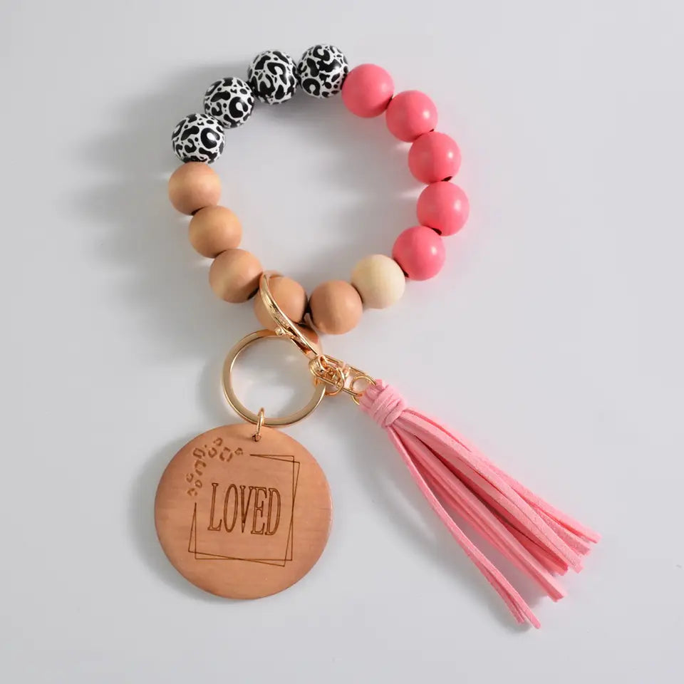 Engraved Loved wood Beaded Bracelet Keychain