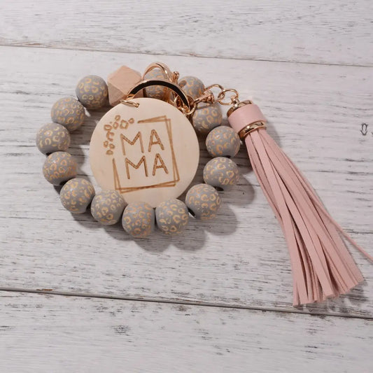 Engraved Momma wood Beaded Bracelet Keychain