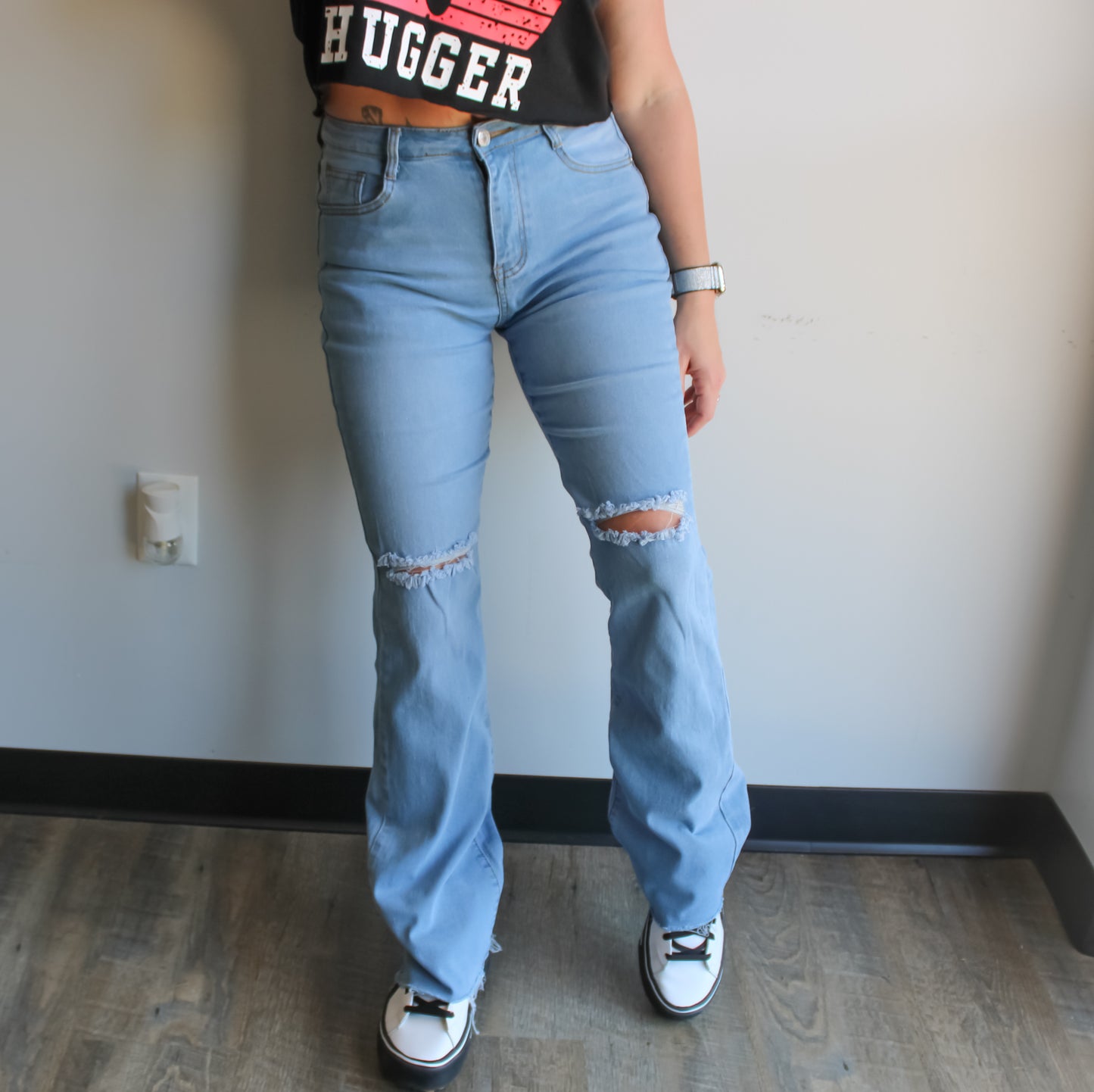 Ripped Casual High-Waisted, Super-Stretchy, Flared Bottom Denim Jeans