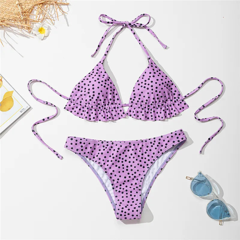 2-Piece Polka Dot Ruffle Triangle Top Swimsuit