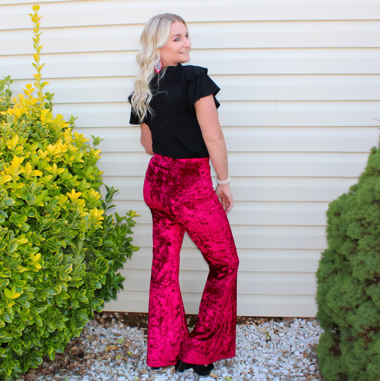 Red Velvet Flared High Waisted Pants