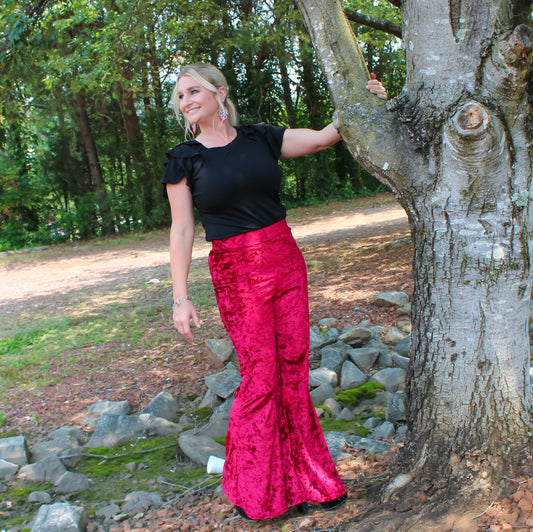 Red Velvet Flared High Waisted Pants