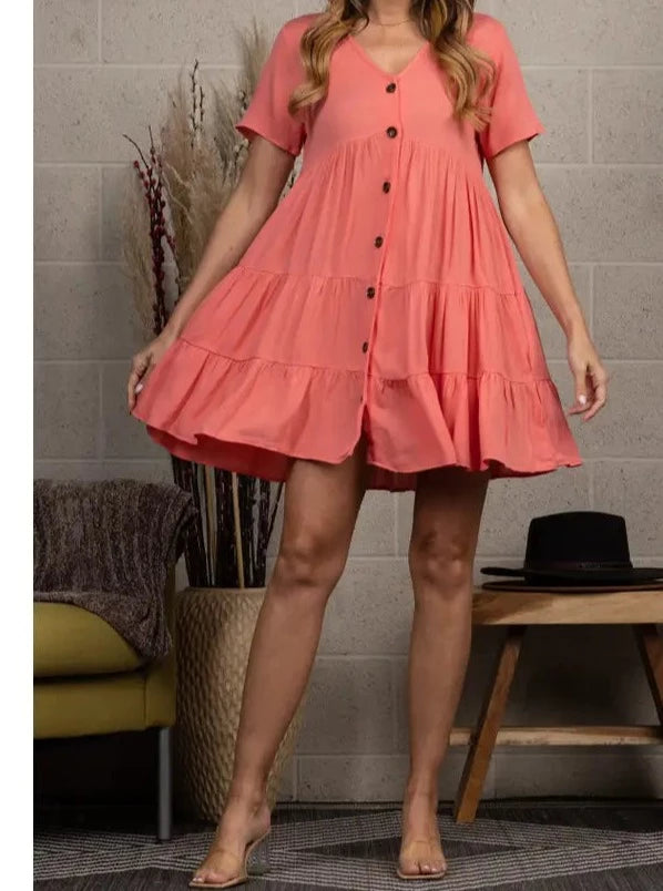 Coral Deep V-Neck Button-down Ruffle Mini-Dress