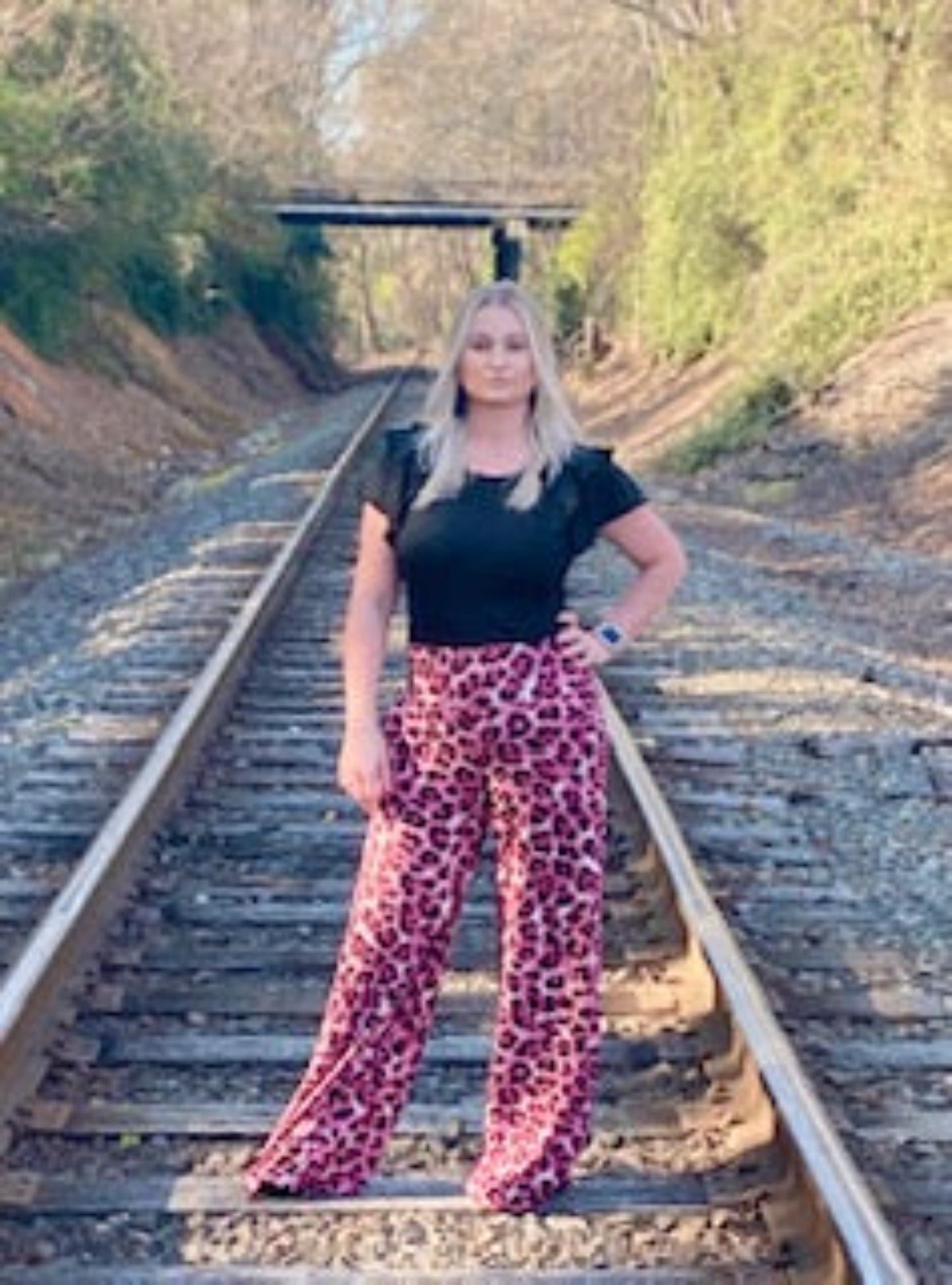 Pink Leopard Wide Leg Pants