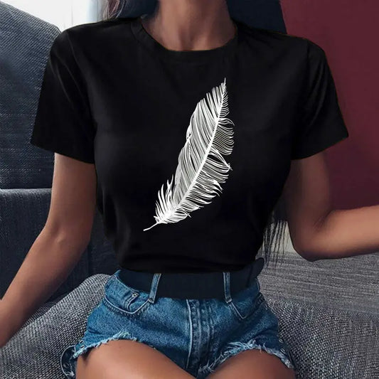 Short Sleeve Feather Print T-shirt